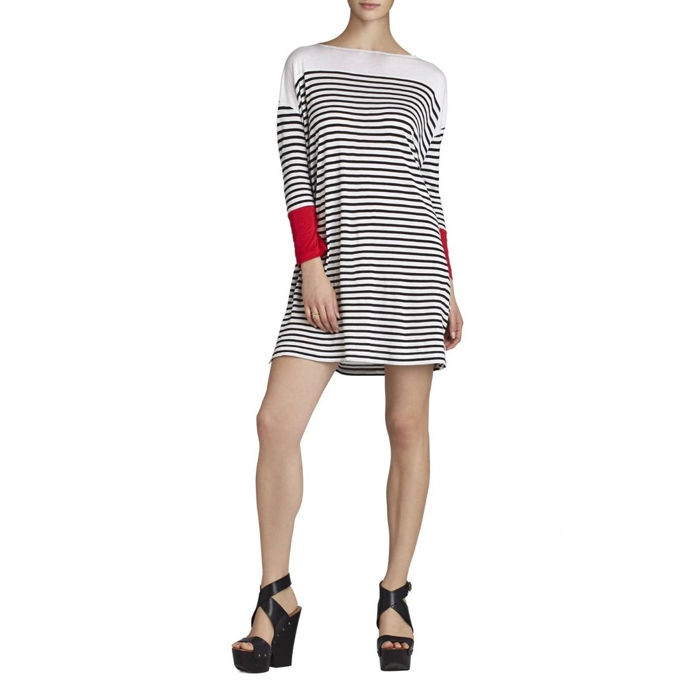 BCBGMAXAZRIA M/L Tabia Black White Stripe Tunic Mini Dress Orange Red Sleeve Hem